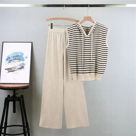 2026 Ready to Ship Women's Summer Fashion Set Sleeveless Striped Knit Top Wide-Leg Pants for Women