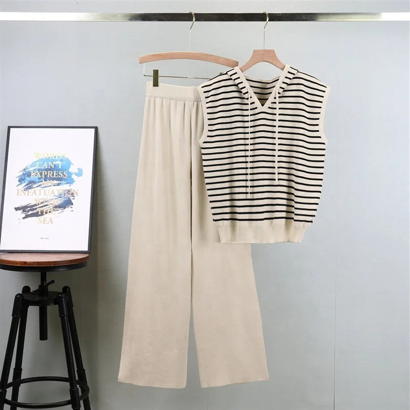 2026 Ready to Ship Women's Summer Fashion Set Sleeveless Striped Knit Top Wide-Leg Pants for Women
