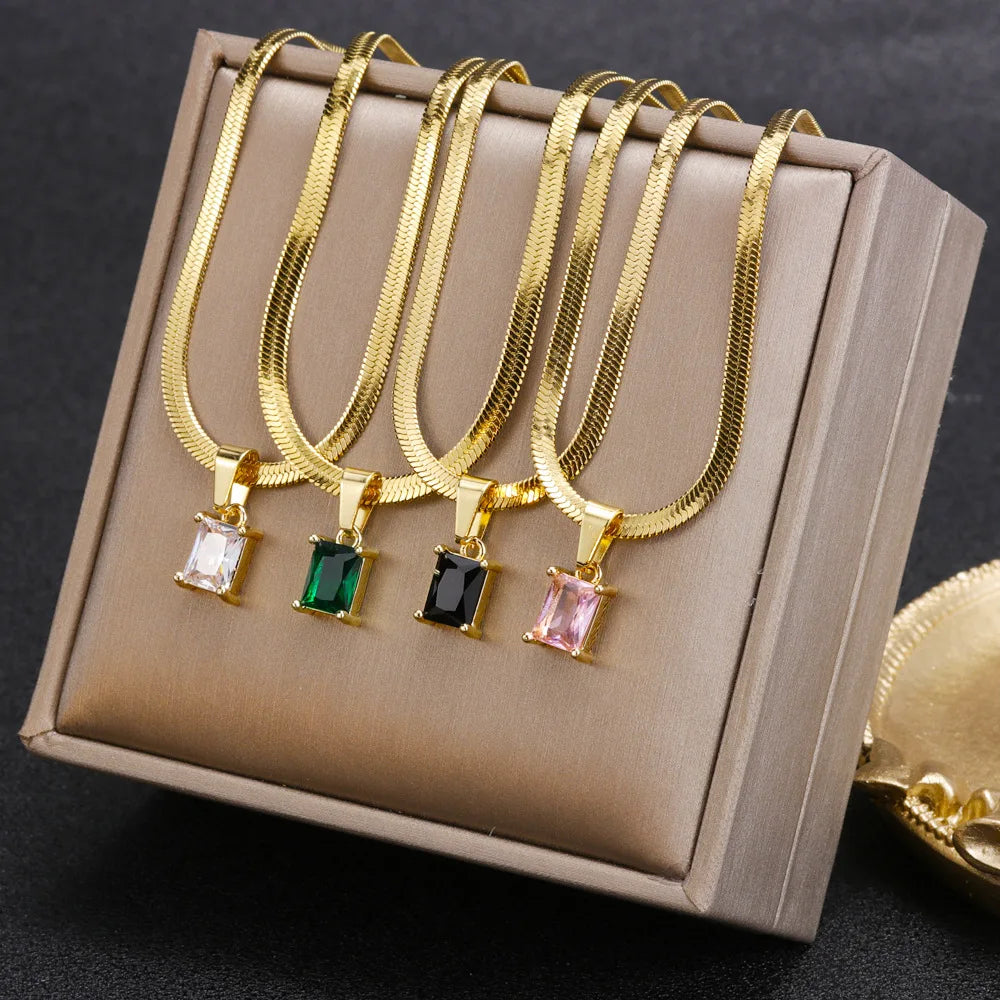 DAIHE New Simple Stainless Steel 18K Gold Flat Snake Bone Chain Colored Square Crystal Zircon Emerald Pendant Necklace