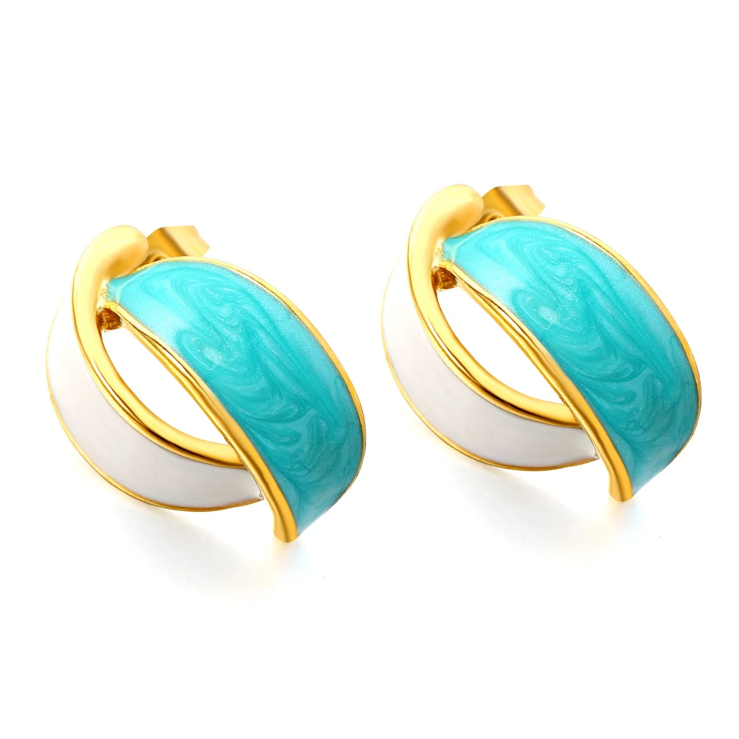 Vintage Geometric Double Arc Design Stainless Steel Gold Plated Leaf Stud Earrings with Color Drip Enamel Earrings