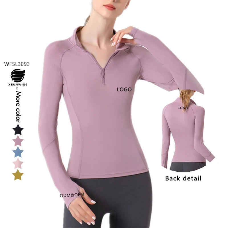 Xsunwing INS Hot Gym Sports Running Wear Workout Yoga Top Jackets Women's 1/4 Zipper Shirts Finger Hole Long Breathable Seamless
