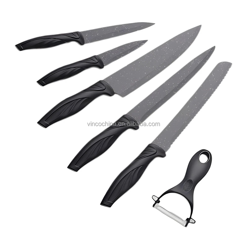 6-Piece Stainless Steel Sharp BLACK Speckled MARBLE Coated NON-STICK 6 Piece KNIFE Set