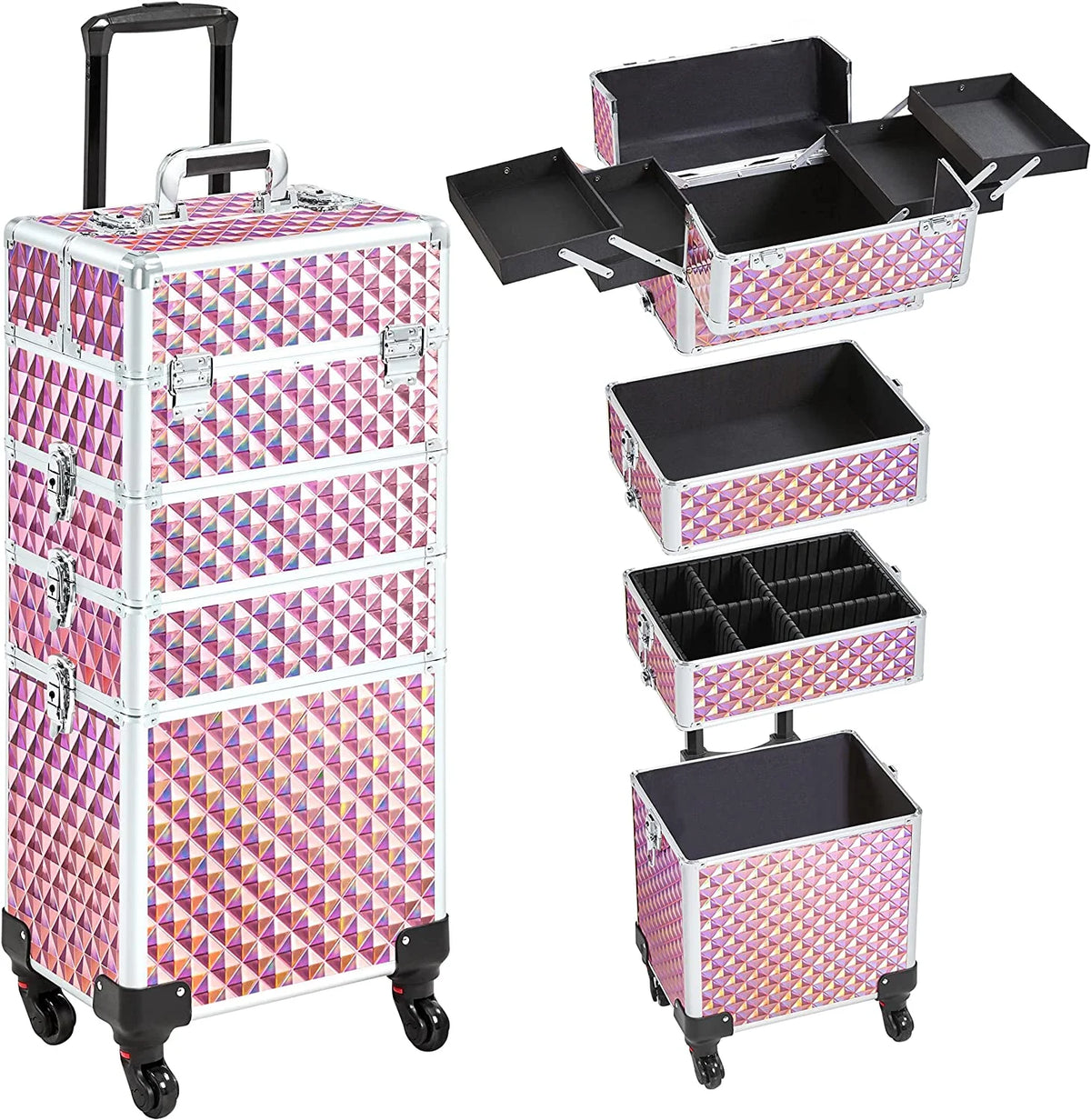 Professional Water Resistant Aluminum Rolling Cosmetic Trolley Case Thread Design Zipper Closure Soft Handle Foldable Makeup