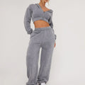 Acid Wash Material Cropped Hoodie Zip Front Straight Leg Fit Tracksuit for Women