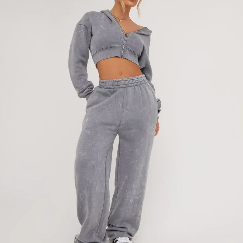 Acid Wash Material Cropped Hoodie Zip Front Straight Leg Fit Tracksuit for Women