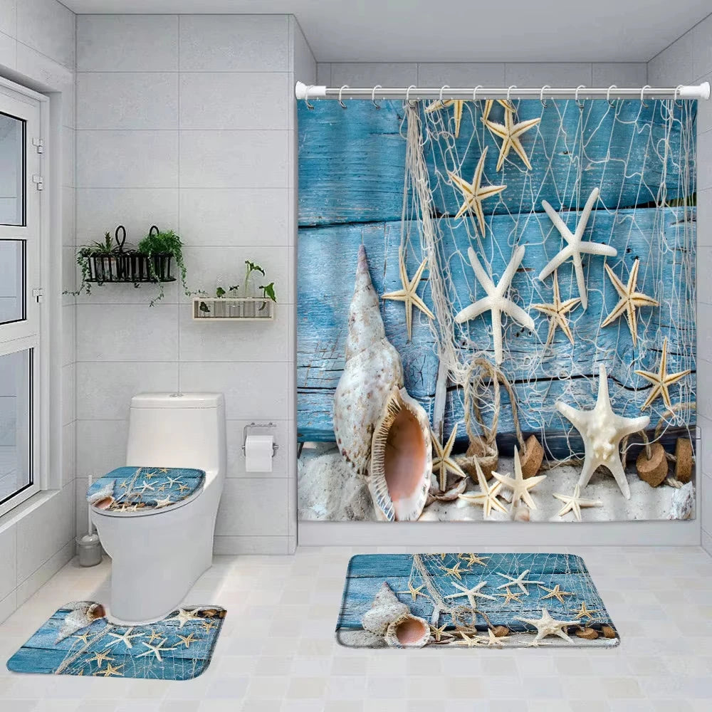 Beach Fabric Shower Curtains with Non-Slip Rug Toilet Cover and Bath Pad Bathroom Decor Set With Hooks