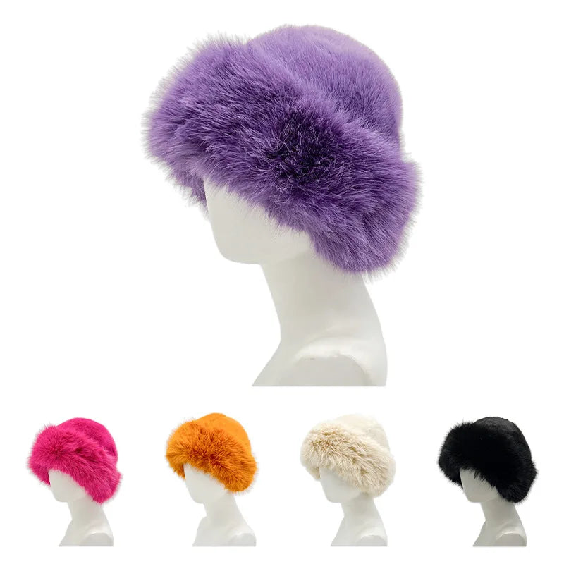 Fashion Faux Fur Bucket Hats for Women Winter Warm Faux Fur Fluffy Plush Fisherman Caps Outdoor Ski Warm Hat