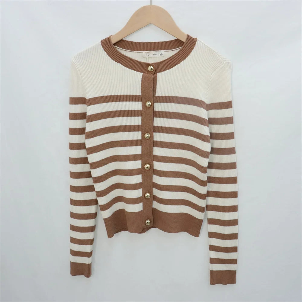 Autumn OEM Black and White Striped Ribbed Long Sleeves Crew Neck Women's Knitted Custom Sweater Cardigan Manufacturer
