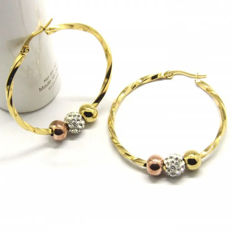New Arrival Women Jewelry Twist Stainless Steel Round Clip on Earrings Big Crystal Bead Round Hoop Earrings