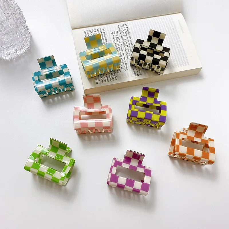 Small 5cm Chess Checked PVC Environmental Friendly Colorful European & American Style Women's Square Hair Claw Clips Strong Hold