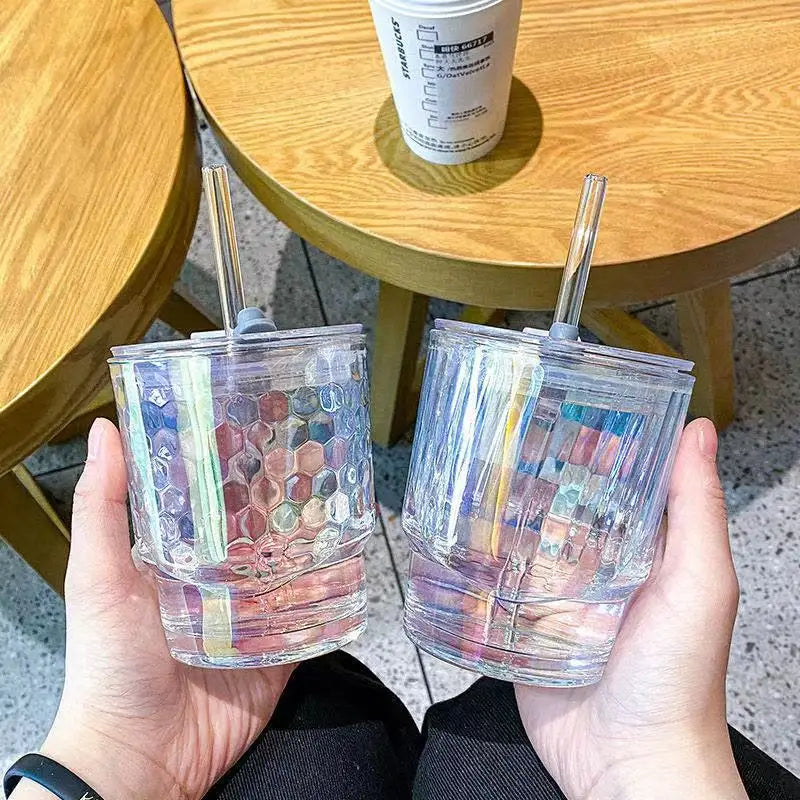 Korean Version Ins Style Colorful Glass Straw Cup Bamboo Glass Coffee Cup