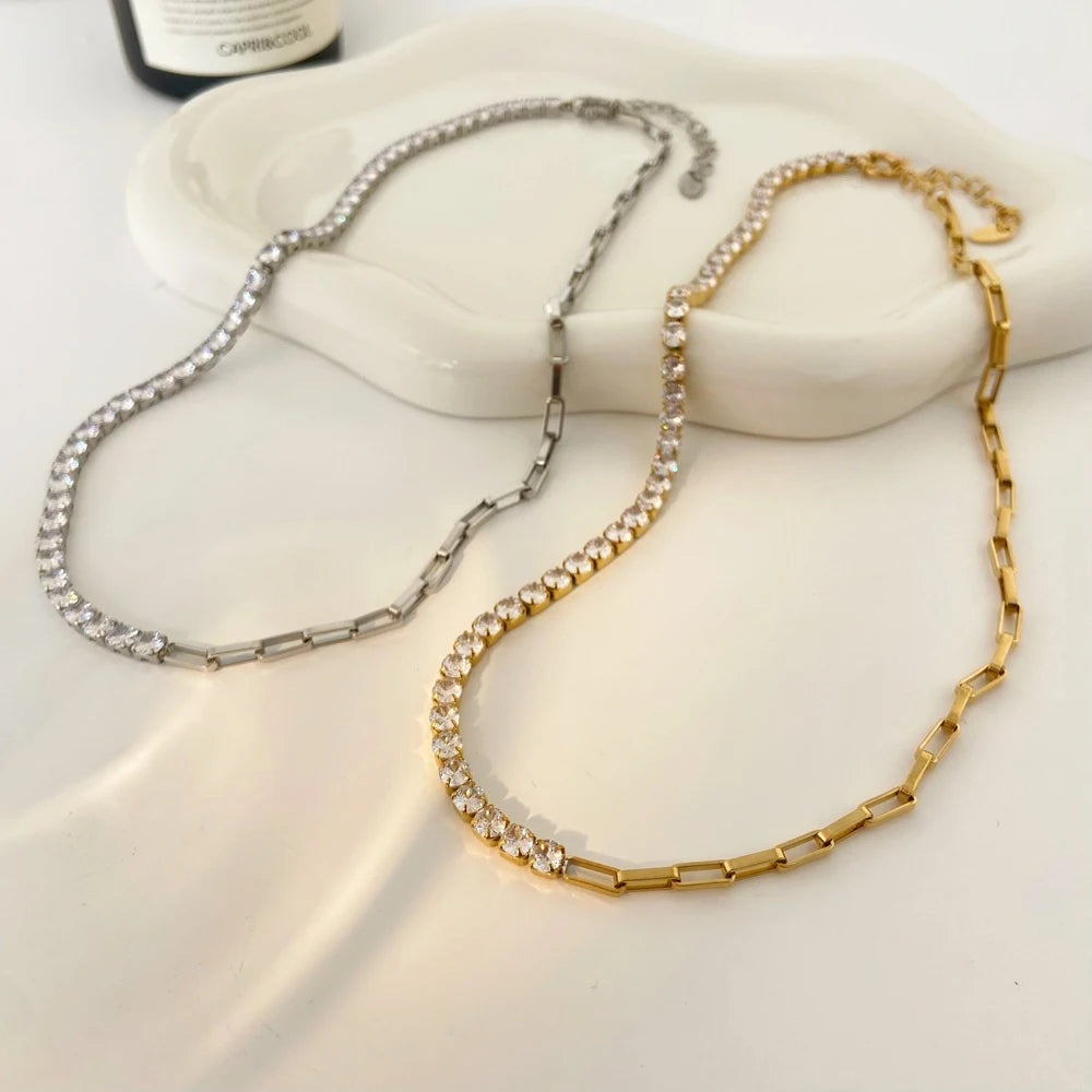 Luxury Zircon Splice Necklace Fashion Jewelry Stainless Steel Plated 18K Gold Design Feeling Neckchain Jewelry for Women