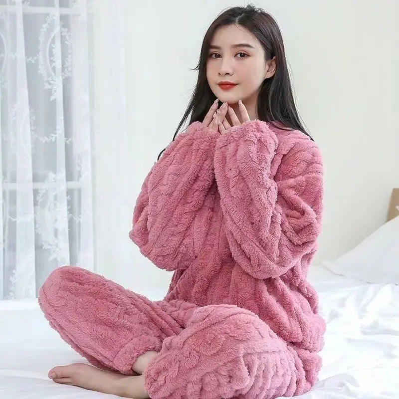 Women's Casual Flannel Fleece Brushy Pajamas Set Long Sleeve O-Neck Solid Color Thickened Winter Home Wear Two Piece Set Suits
