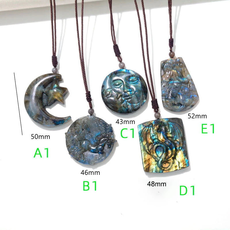 Natural Labradorite Pendant Necklace for Unisex Handcrafted Crystal Stone Amulet Necklace with Adjustable Cord