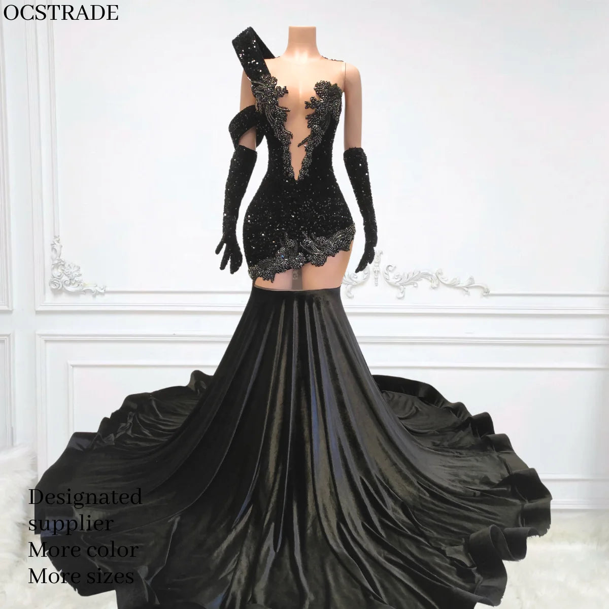Ocstrade Fashion Design Crystal Bling Prom Dresses 2024 Sheer Mesh Black Sequined Patchwork Ball Gown Prom Dress With Gloves