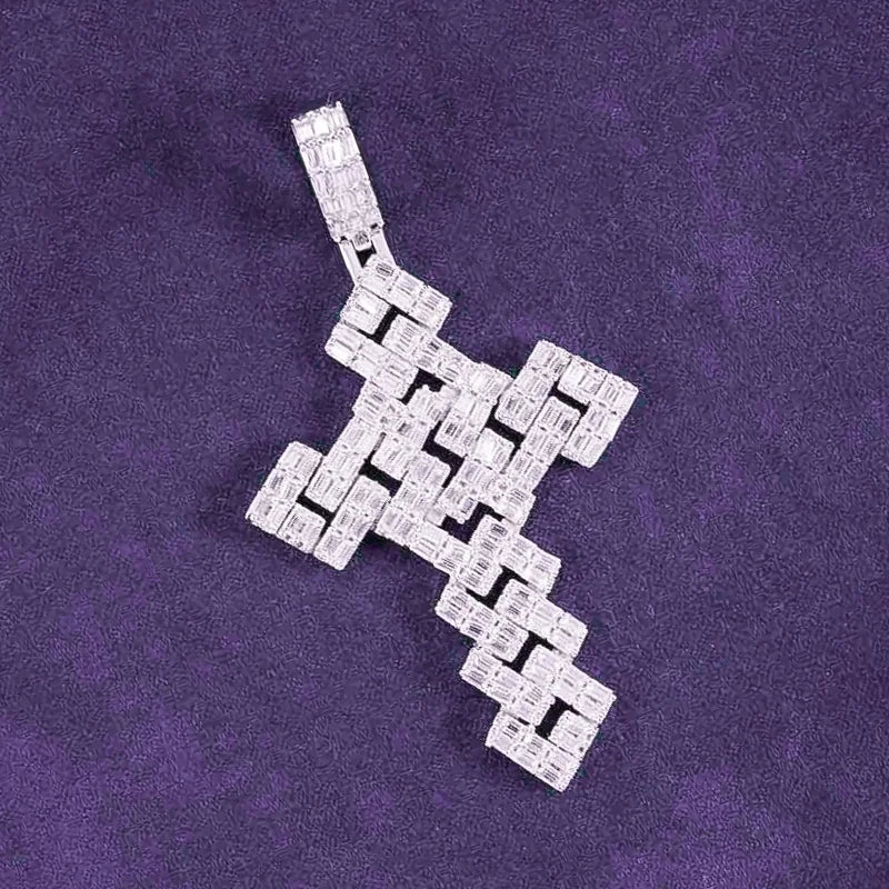 2024 Hip Hop Men's 925 Sterling Silver Iced VVS Moissanite Square Link Cross Pendant Fine Jewelry Passed Diamond Tester Charm