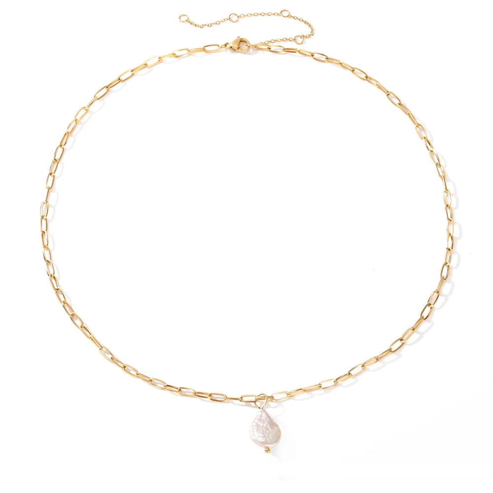 Simple Stainless Steel 14K Gold Plated Rectangle Chain Freshwater Pearl Necklace Titanium Steel Chain Irregular Pearl Necklace