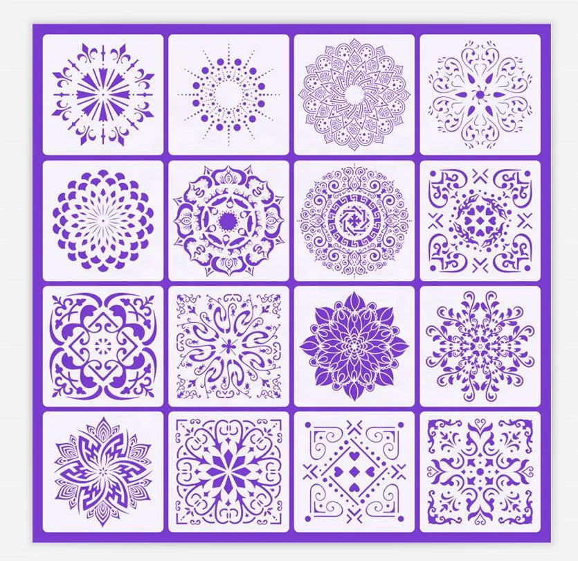 16 Piece Mandala Template Wall Stencils Decor 6 X 6 Inch Reusable Painting or Wall Tile Floor Wood Fabric Furniture Template