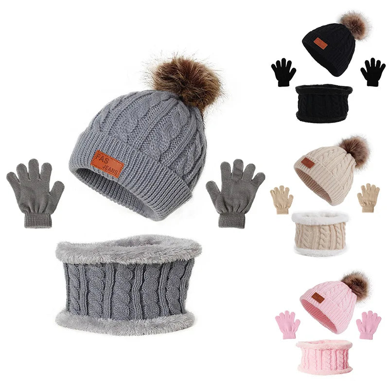 Wholesale 3Pcs Custom Children's Winter Warm Knitted Cap Faux Fur Ball Hats Scarves Gloves Kids Toddler Beanie Scarf Gloves Set