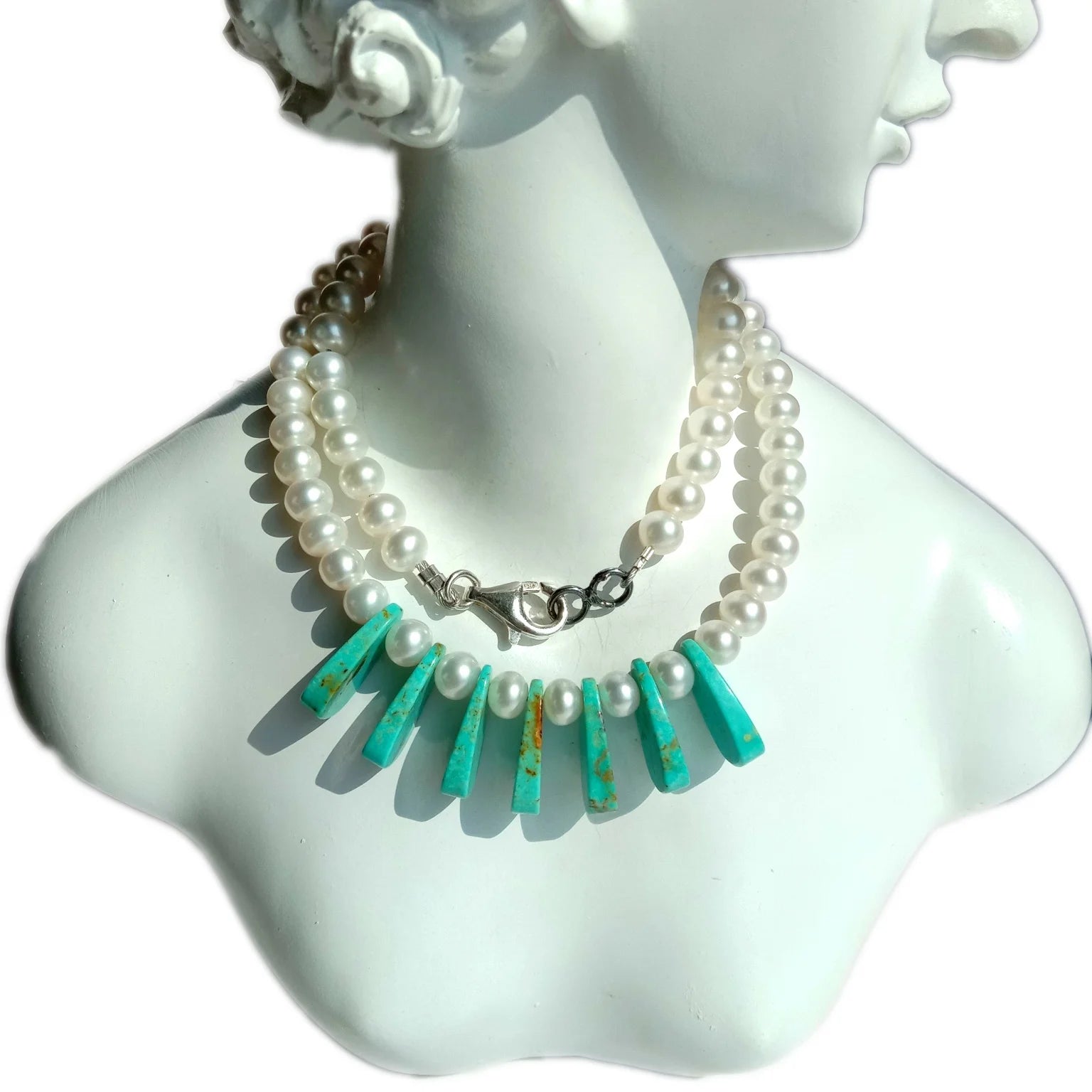 Natural Turquoise and white pearl Beads 925 Sterling Silver Beads handmade Gemstone Necklace