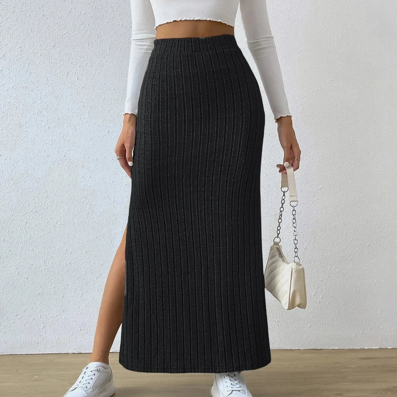 Women Solid Color Long Skirts High Waist Bodycon Straigh Split Skirt Korean Fashion Elegant Skirts for Summer Autumn
