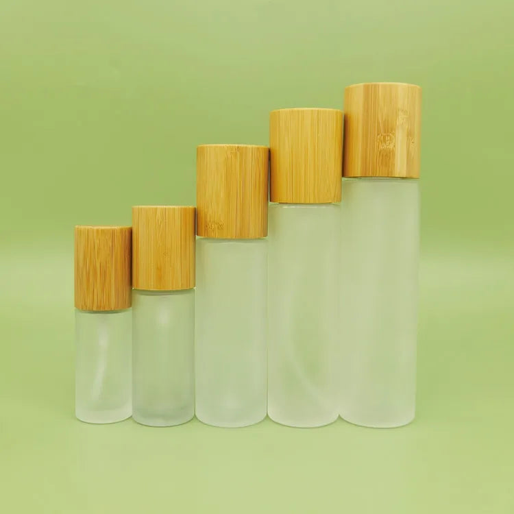 30ml 50ml 100ml 120ml 150ml clear Frosted Glass Bottle with Bamboo and Wood Lid Spray Pump Bottle Lotion Bottle for Perfume