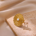 French Light Luxury Stainless Steel Trendy Geometric Pearl Adjustable 18K Gold Plated Ring for Women