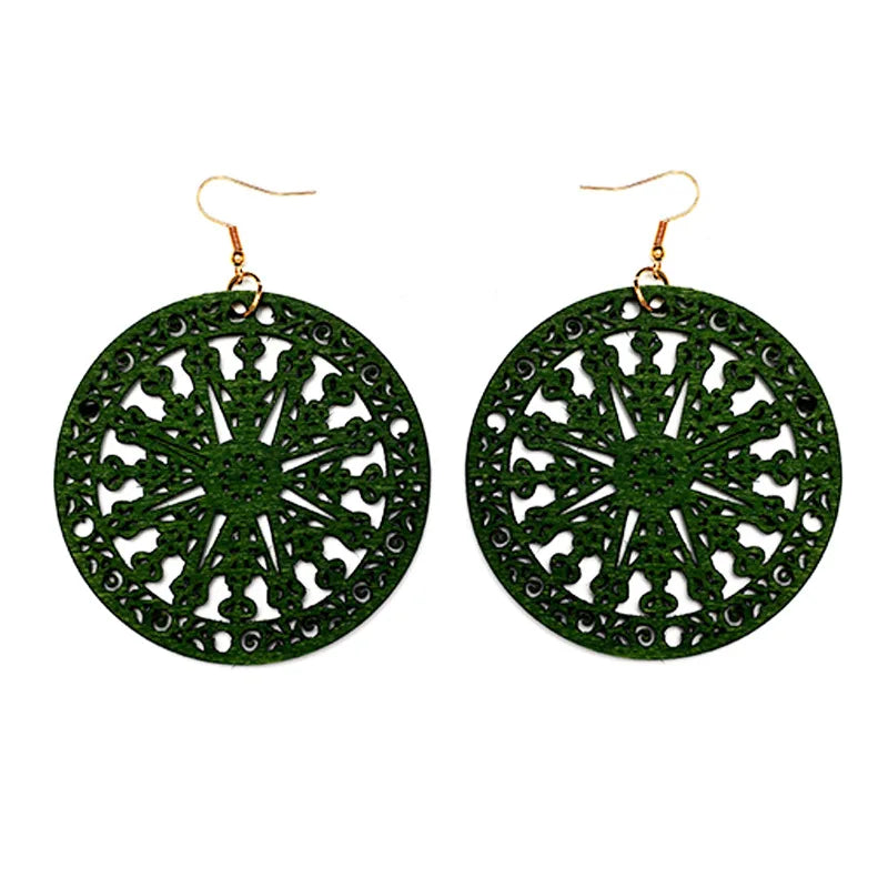 Cheap Punk Dangle Hollow Wood Earrings Gold Hook Jewelry Ornament Handmade Fashion Geometric Round Laser Cutting Wooden Earrings
