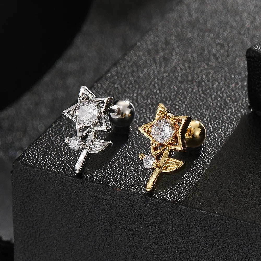 Wholesale Custom Cute Bowknot Floral Cartilage Stud Earrings Women Trendy Gold Party Jewelry Copper Piercing Zircon