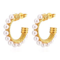 Vintage Jewelry Accessories C Shaped Hoop Earrings 18k Gold Plated Thread Stainless Steel Full Pearl Earrings for Women