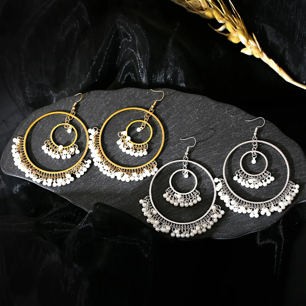 Indian Jhumki Jhumka Earrings Gold Silver Big Round Hook Earrings Drop Faux Pearls Ethnic Wedding Party Jewelry