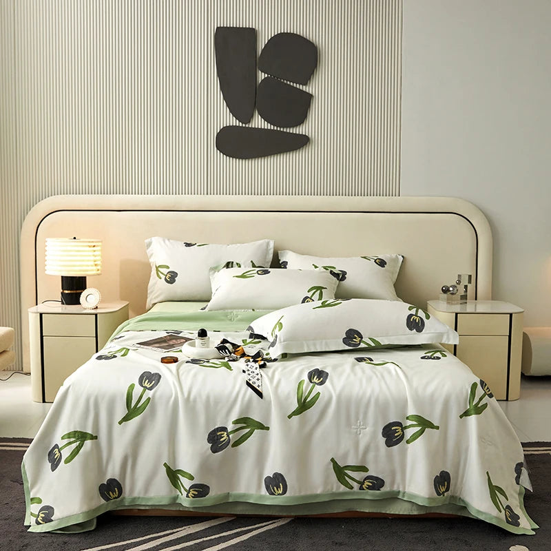 Wholesale Green Pillow Covers Flower Print Lyocell Fiber Bedding Summer Quilt Sets Top Home Textile