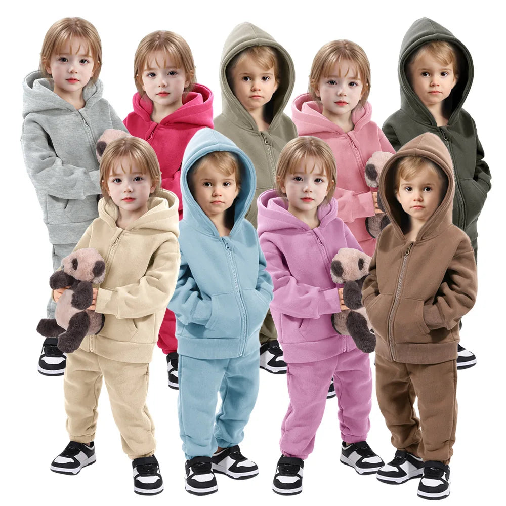 2024 Autumn and Winter Children's Hooded Sweatshirt Sports Suit Fleece-lined Thermal Children's Clothing Two-piece Set