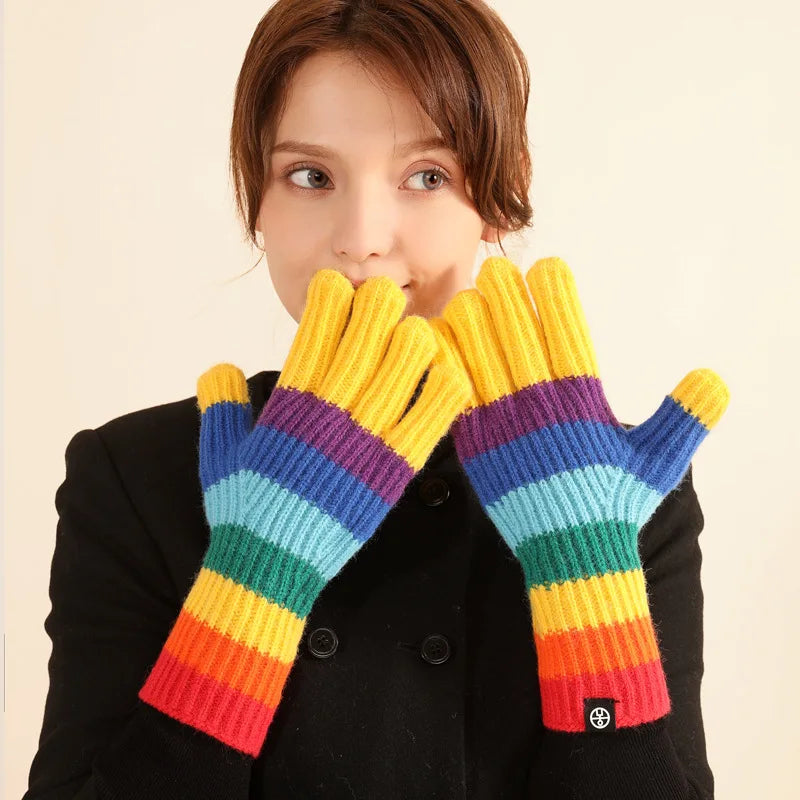Sewingman B0618C Rainbow Striped Touch Screen Winter Hand Gloves With Holes