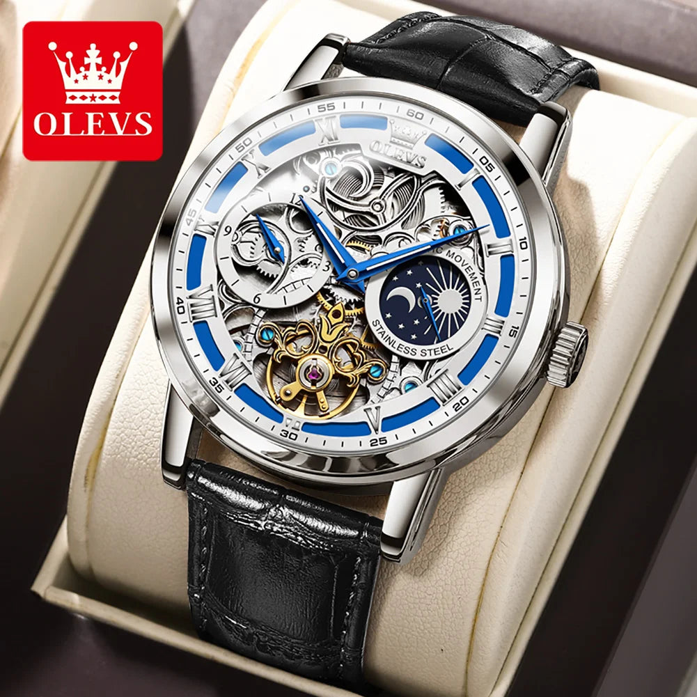 OLEVS 6670 Luxury Custom Automatic Silver Hollow Out Luminous Waterproof Calendar Men Mechanical Watch