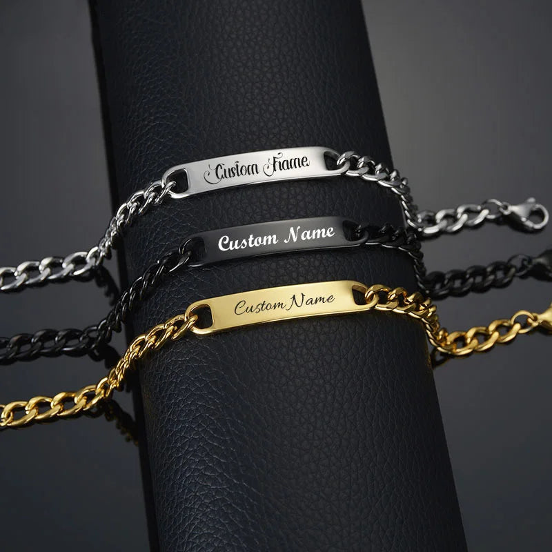 Personalized Custom Engraved Bar Bracelet Gift Blank Inspirational Bar Cuban Chain Bracelet Gold Plated