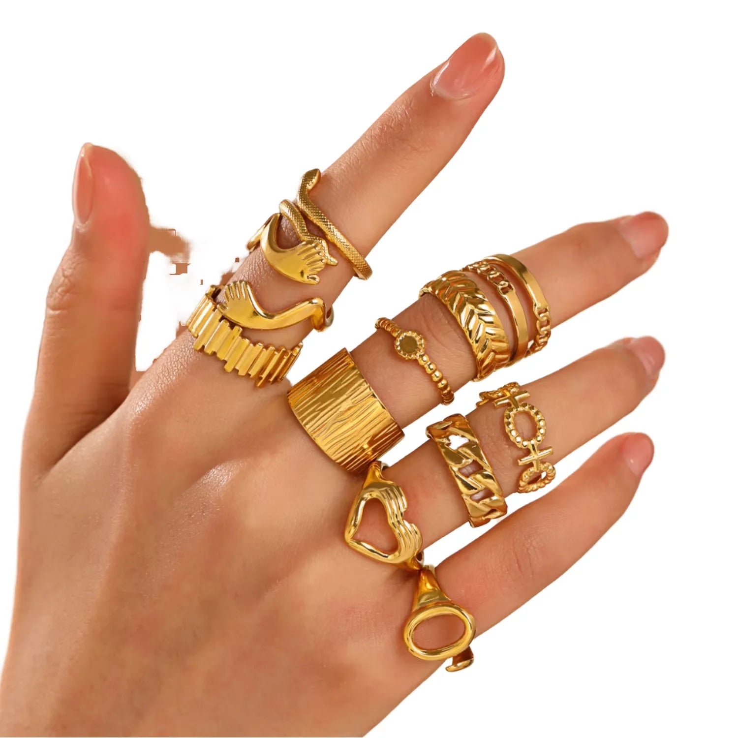 18k Gold Plated Stainless Steel Rings Link Chain Open Geometric Twisted Wide Band Adjustable Rings for Women Jewelry
