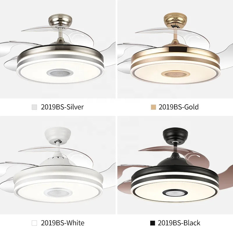 2019S Ceiling Fan with LED Light 36W 110v DC Motor with Speaker 3 Color with Memory Retractable Blades