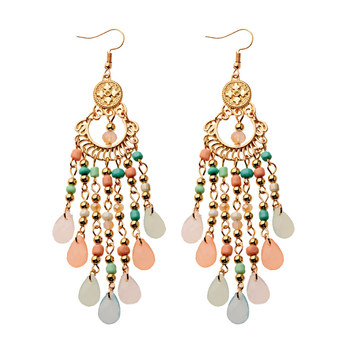 Classic Trendy White Crystal Long Tassel Gold Plated Feather Shape Bohemia Beads Wedding Earrings Unisex Douvei