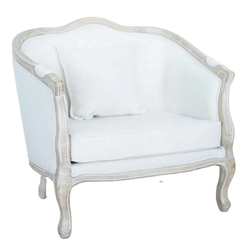 French Antique Linen  Upholstered Arm Chair Wooden Luis Wedding  Love Sofa Chair