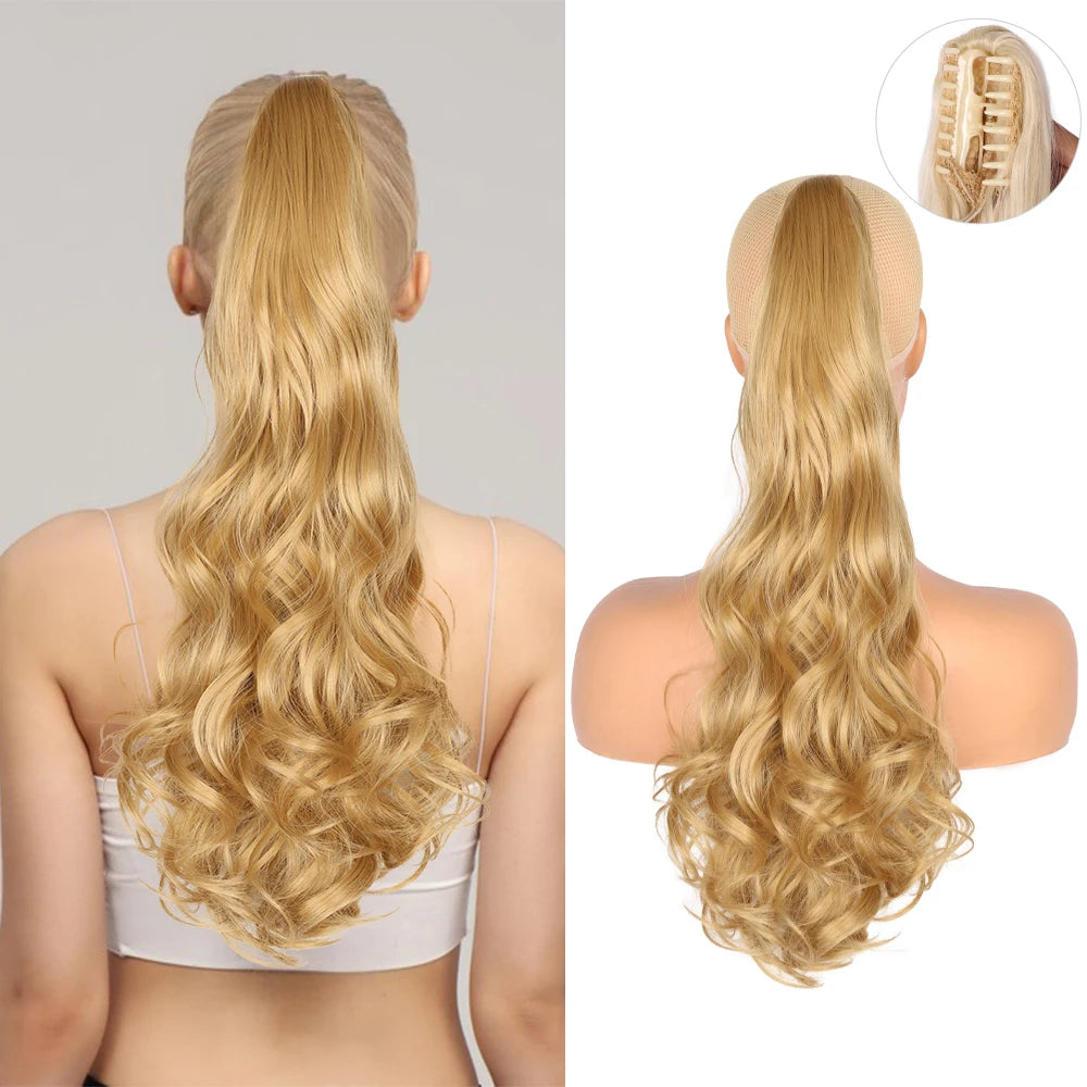 22-Inch Highlight Blonde Heat Resistant Synthetic Ponytail Hairpiece Thick Curly Fake Extensions for Women and Girls