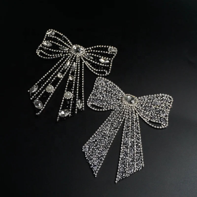 Luxury 3D Iron-on Embroidery Patch Handmade Crystal Rhinestone Bowknot Beaded Applique with Glass 11x14cm Topz