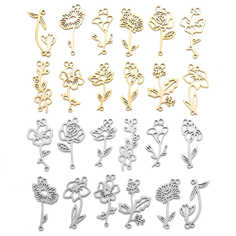 12 Styles Stainless Steel Flowers Charms Connection for Bracelets DIY Jewelry Making Supplies Jewelry Connector Bulk W433