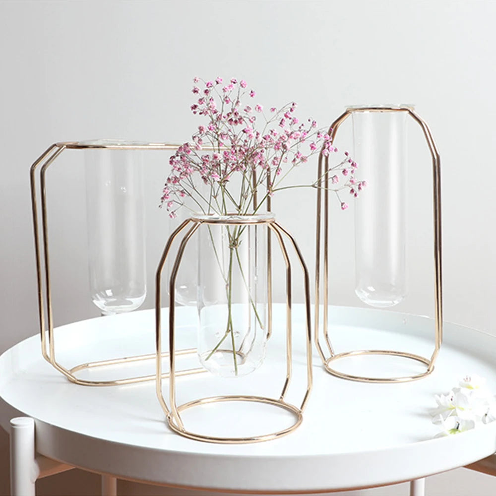 Hot Sell Nordic Creative Golden Hydroponic Plant Holder Iron Ornament Home Decoration Flower Glass Vase Decor