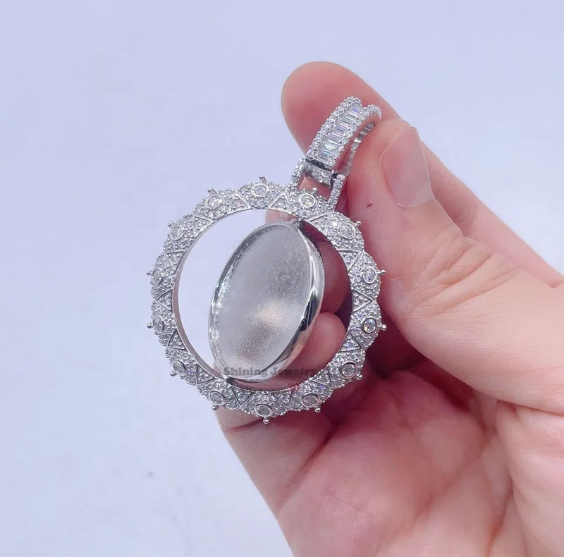 Sterling Silver 925 Double Side Moissanite Diamond Frame Memory Iced Out Picture Photo Pendant