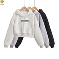 CNSHELL Cotton Drawstring Cropped Women's Hooded Ribbed Cuff Bottom Loose Sweatshirts Pockets High Quality