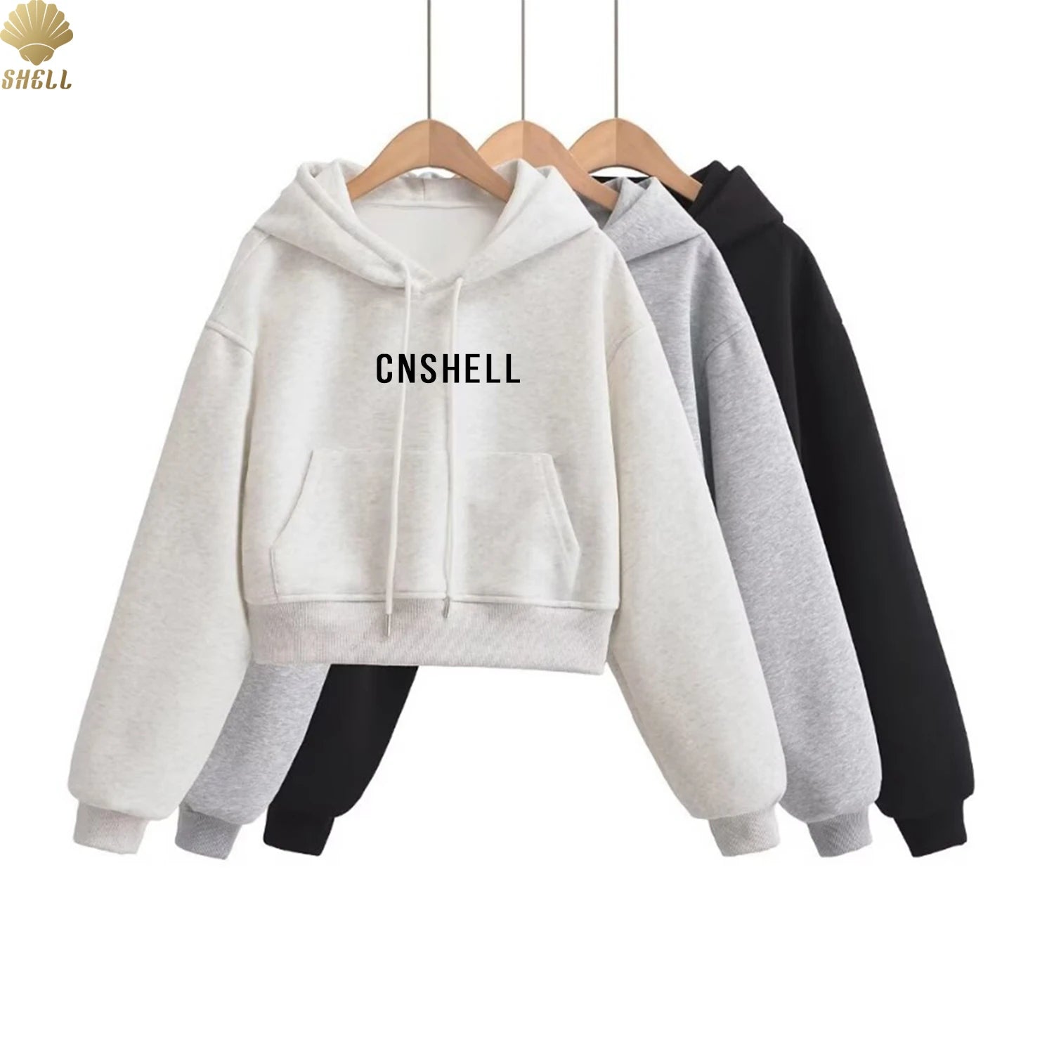 CNSHELL Cotton Drawstring Cropped Women's Hooded Ribbed Cuff Bottom Loose Sweatshirts Pockets High Quality