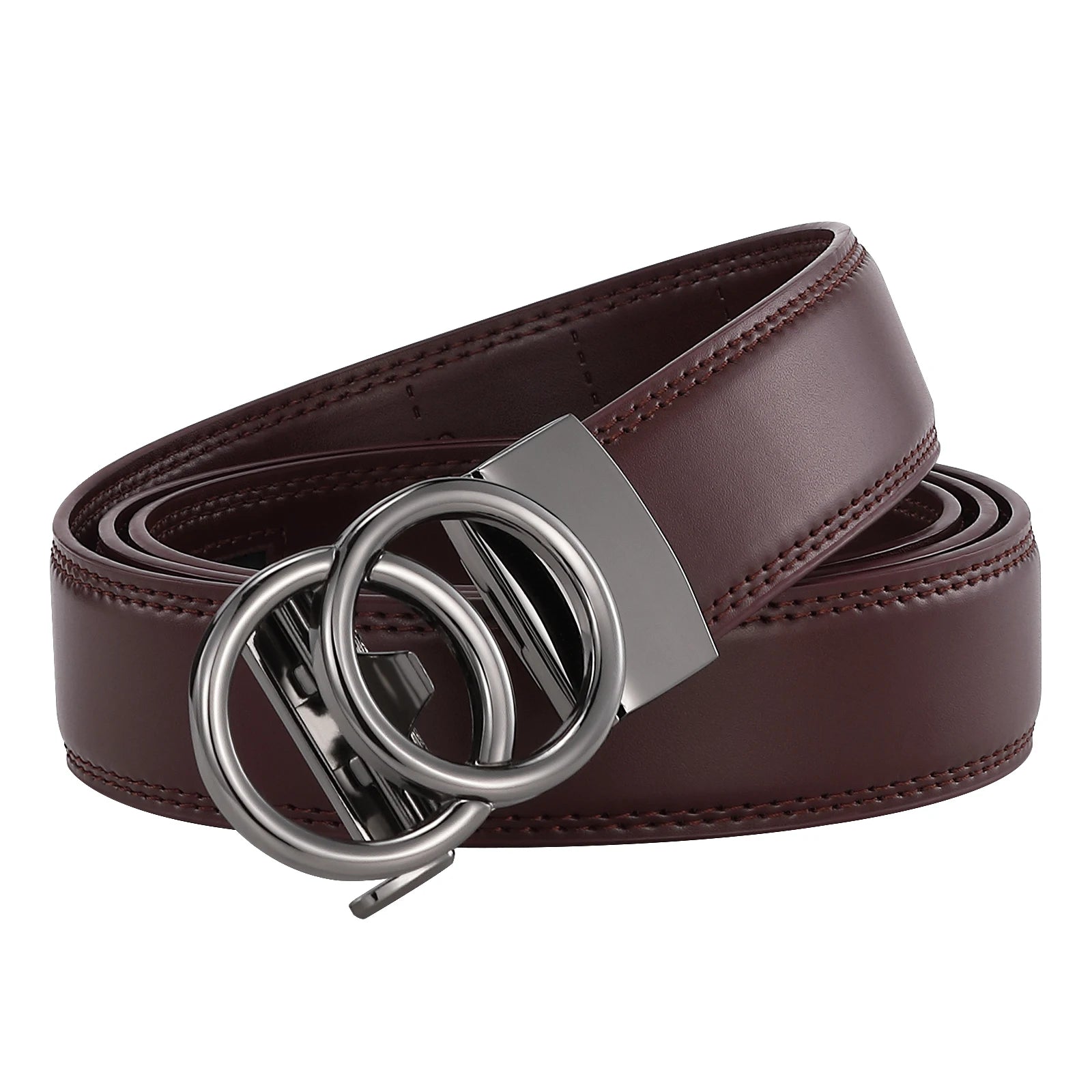 Factory Custom Classic Casual Double Ring Alloy Automatic Buckle Ratchet Brown Leather Belt for Women 3.5cm Width Luxury