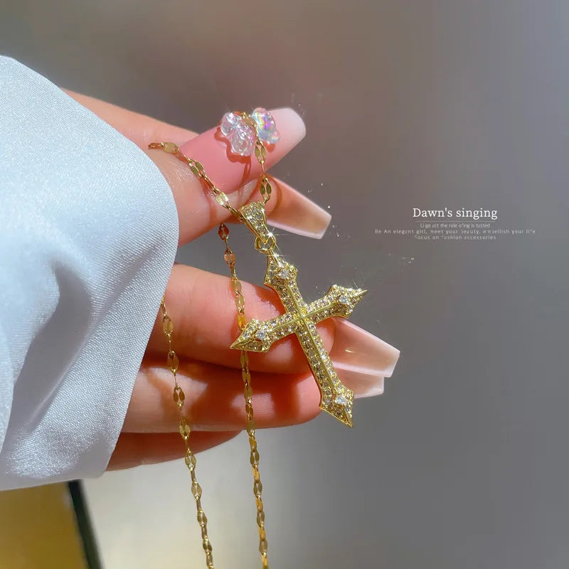 Exquisite Gold Color Stainless Steel Inlaid Crystal Cross Pendant Necklace for Women Men Luxury Full of Zircon Chokers Jewelry