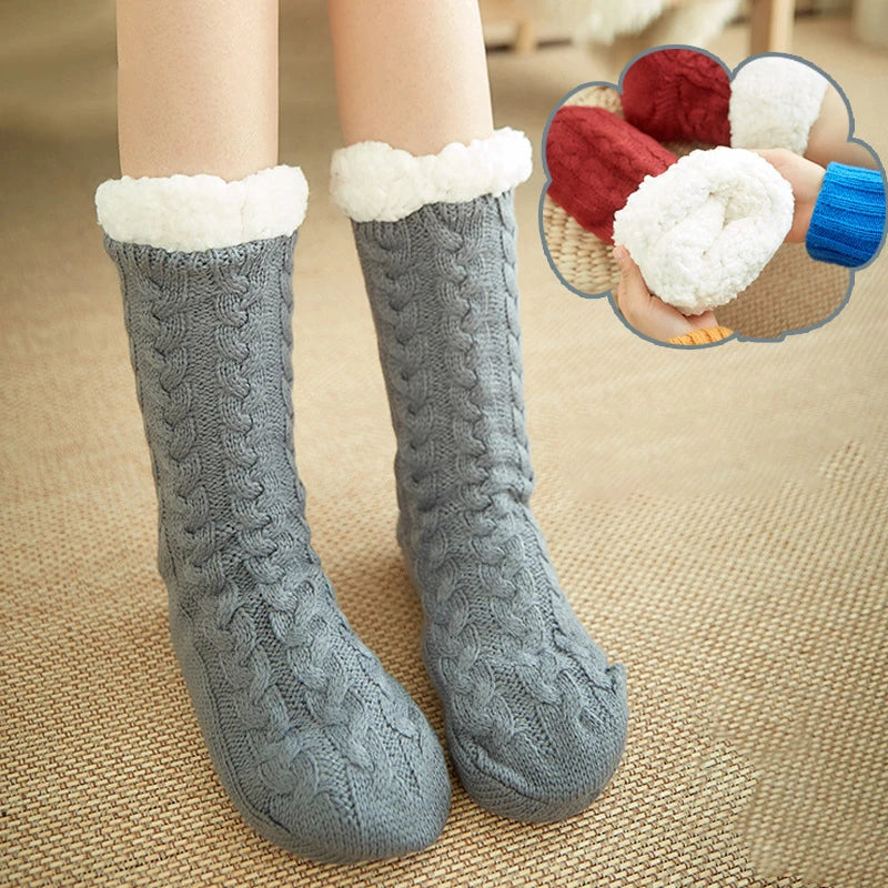 Wholesales Solid Color Winter Cozy Warm Fluffy Fuzzy Knitted  Anti Slip Grip Slipper Socks